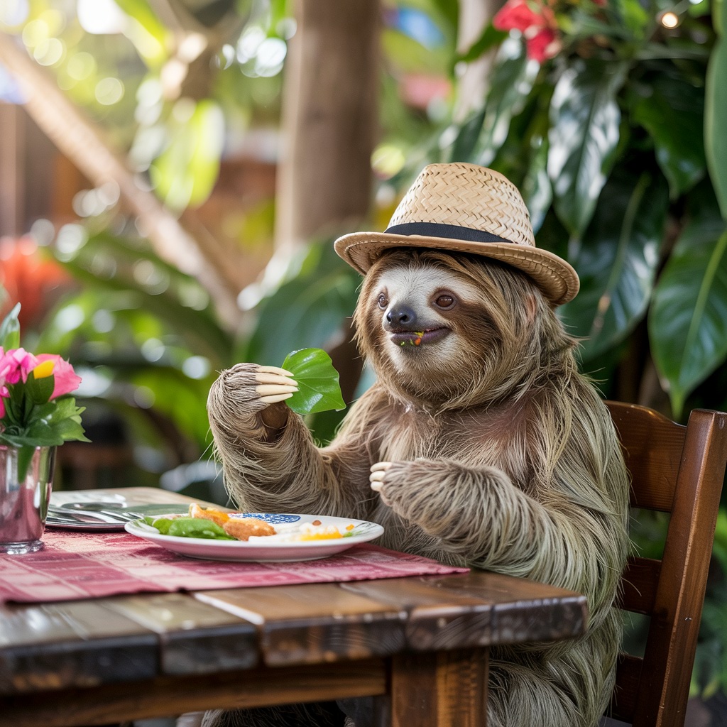 A sloth eating at a restaurant.