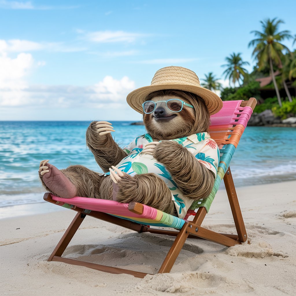 A sloth sitting on a beach chair at the beach.