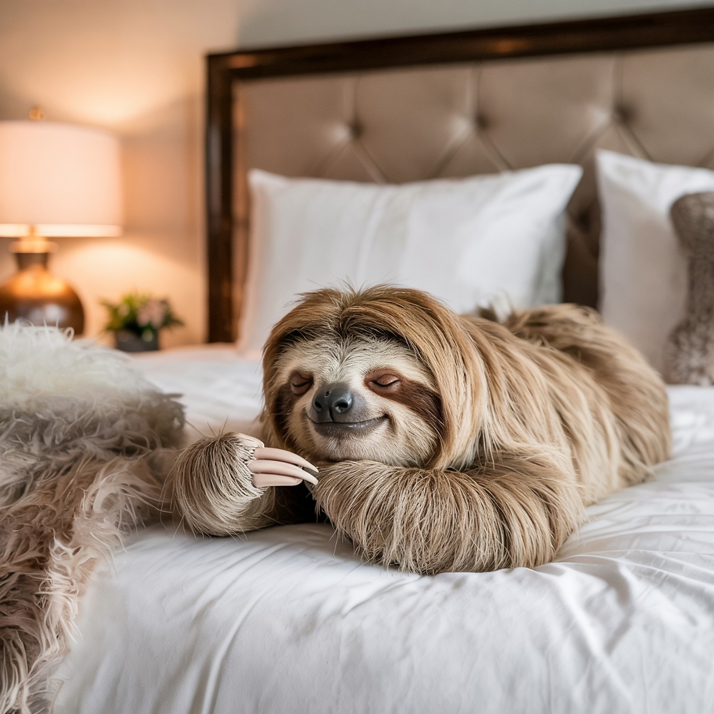 A sloth relaxing in a hotel bed.
