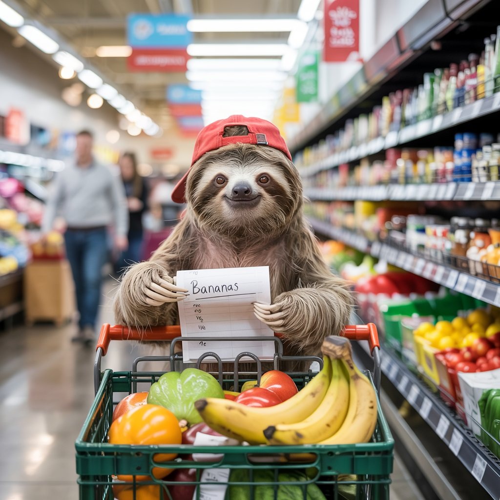 A sloth shopping at a store.